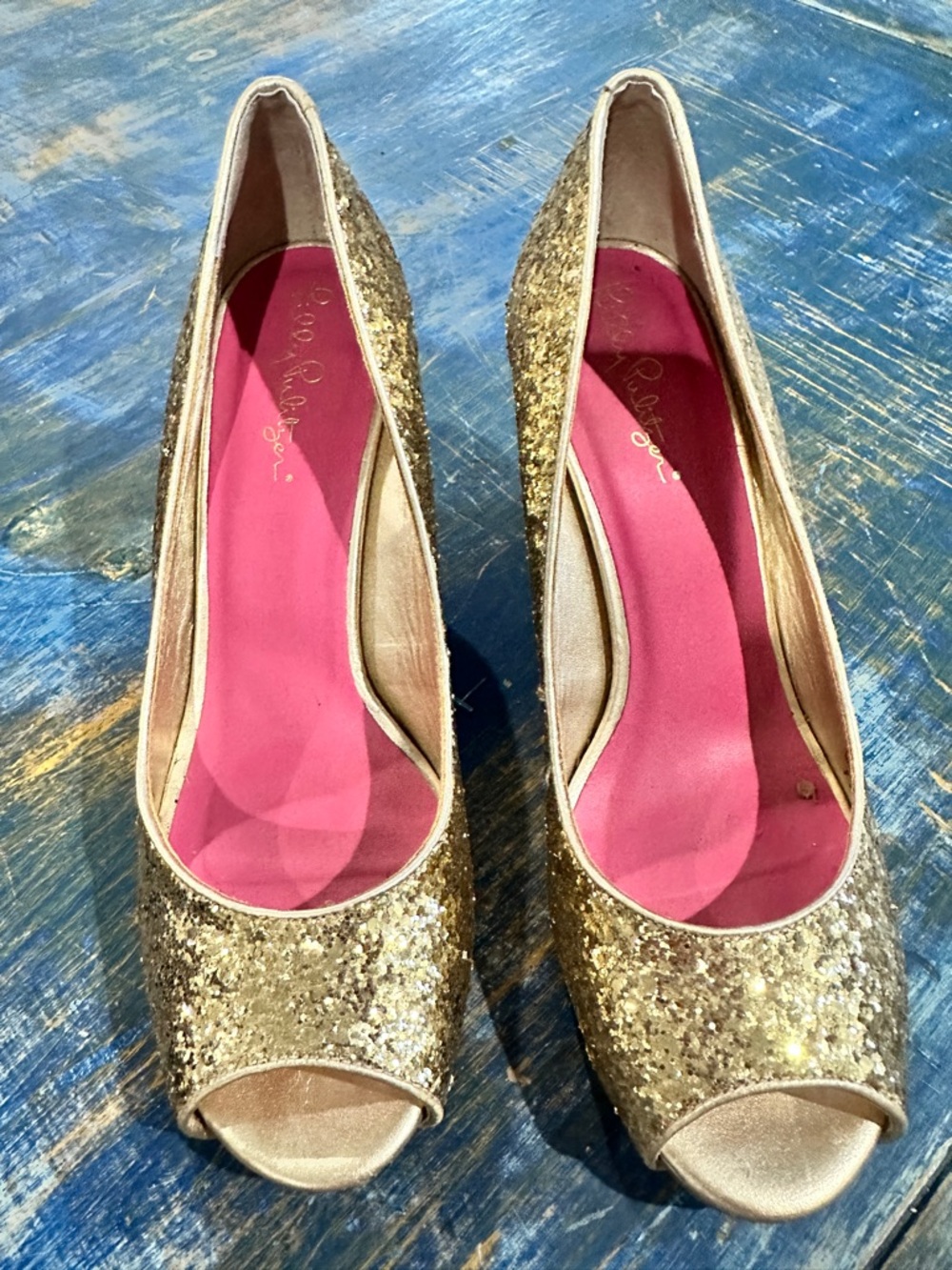 Lilly Pulitzer Gold Glitter Open-Toe Wedge Heels with Pink Insole